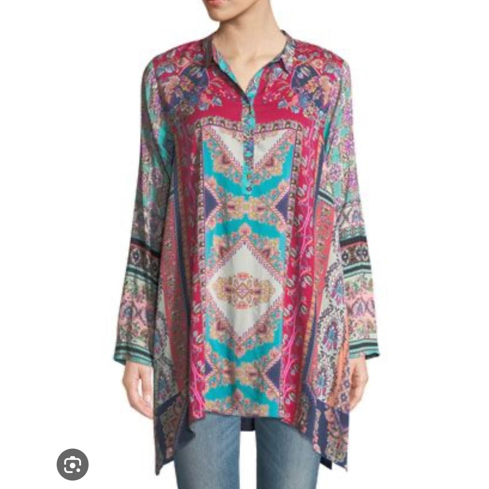 Johnny Was Floral Blouse Meco Scarf Print Tunic Handkerchief Hem Size S Boho NWT - Picture 6 of 16